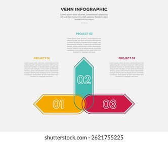 estilo de contorno infográfico de diagrama de venn com modelo de 3 pontos com forma de seta grande semicircular com um eixo para vetor de apresentação de slide