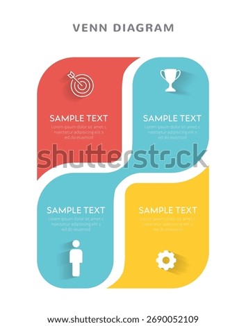 Venn diagram infographic rectangle chart template design 4 options with icon. Business Presentation with Venn diagram elements vector illustration.