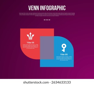 Infografía de diagrama de Venn con contenedor de caja de rectángulo redondo opuesto hacia arriba y hacia abajo con estilo de fondo oscuro de 2 puntos para el Vector de presentación de diapositivas