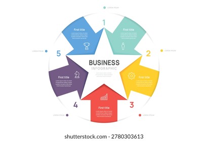 Venn diagram infographic star chart template for business 5 options presentation and icon elements, 5 steps arrow business success.