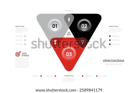 Venn diagram infographic triangle arrow chart template for business presentation with venn elements vector illustration.