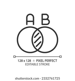 Venn diagram linear icon. Overlapping circles. Math statistics. Comparing data. Logical thinking. Computer science. Thin line illustration. Contour symbol. Vector outline drawing. Editable stroke