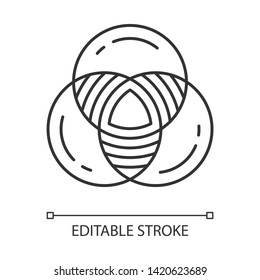 Venn diagram linear icon. Primary diagram. Three overlapping closed circles. Discrete categories. Thin line illustration. Contour symbol. Vector isolated outline drawing. Editable stroke