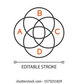 Venn diagram linear icon. Round chart. Overlapping circles. Intertwined graph. Marketing, business. Thin line illustration. Contour symbol. Vector isolated outline drawing. Editable stroke