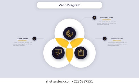 Venn Diagram showing corporate development parts infographic design template. Company analytics and business tasks planning. Overplayed circles chart with icons. Visual data presentation