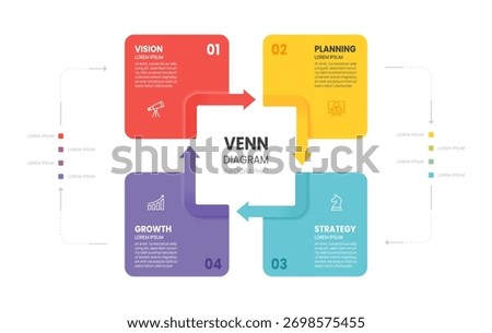 Venn diagram square circle arrow chart template 4 steps options, Business infographic presentation with icons elements vector illustration.