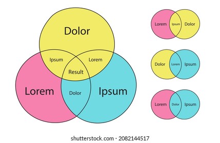 Venn diagram template set hand draw color style for presentation, start up project, business strategy, theory basic operation, infographic  chart, logic analysis. Vector 10 eps