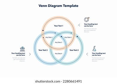 Plantilla de diagrama de Venn con tres formas y lugar para su contenido. Diapositiva para presentación de negocios.