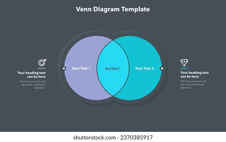 Venn diagram template with two ways and place for your content - dark version. Slide for business presentation.