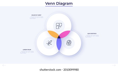 Diagrama de Venn con tres círculos interconectados. Concepto de los campos o áreas de actividad de la intersección 3. Plantilla sencilla de diseño infográfico. Ilustración vectorial plana moderna para la visualización de datos estadísticos.