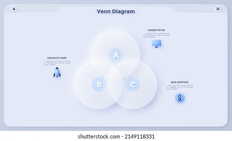 Venn diagram with three intersected translucent circles. Concept of intersection 3 business options. Minimal flat infographic design template. Modern neumorphic vector illustration for presentation.