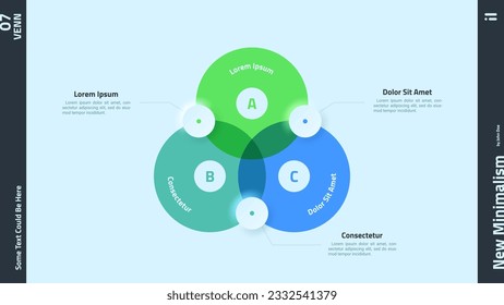 Diagrama de Venn con tres círculos traslúcidos interseccionados. Concepto de las opciones comerciales de la intersección 3. Plantilla mínima de diseño de infografía plana. Ilustración vectorial neumórfica moderna para presentación.