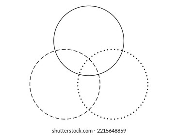 Venn Diagram Three Line And Dotted Line Merge Circles Chart Infographic Sign. 3 Cross Circles For Data Statistics Presentation. Line Art Vector Empty Venn Diagram Illustration.