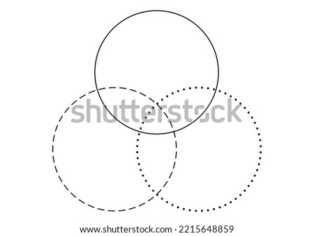 Venn diagram three line and dotted line merge circles chart infographic sign. 3 cross circles for data statistics presentation. Line art vector empty venn diagram illustration.