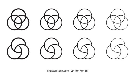 Venn diagram three overlapping circles chart line icon set, Business presentation Venn vector chart, Blank outline wire frame circle overlap chart.