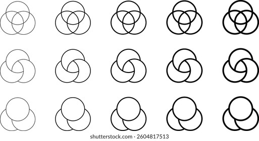 Venn diagram three overlapping circles chart in lined style. Overlapping geometric shapes. Vector illustration