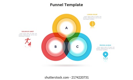 Diagrama de Venn con tres elementos redondos traslúcidos superpuestos. Concepto de 3 áreas o campos de análisis empresarial. Plantilla mínima de diseño infográfico. Ilustración vectorial plana moderna para banner.