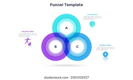 Venn diagram with three overlapping translucent round elements. Concept of 3 areas or fields of business analysis. Minimal infographic design template. Modern flat vector illustration for banner.