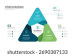 Venn diagram triangular infographic chart template for business 3 parts steps, presentation with venn diagram elements vector illustration. 