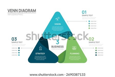 Venn diagram triangular infographic chart template for business 3 parts steps, presentation with venn diagram elements vector illustration. 