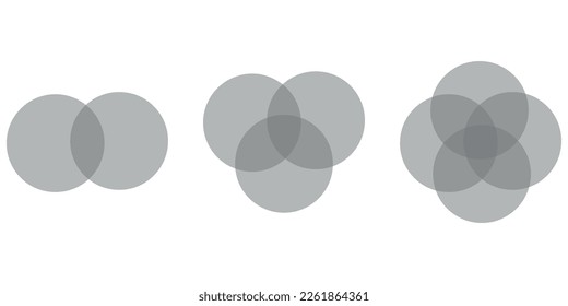 Diagrama de Venn para dos, tres y cuatro conjuntos de intersección parcial. Intersección de dos, tres y cuatro conjuntos de círculos. Diagrama de Venn de 2, 3 y 4 juegos.