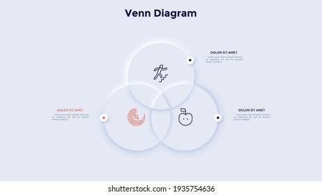 Venn or Euler diagram with three intersected round elements. Concept of 3 features of business srategy. Neumorphic infographic design template. Modern clean vector illustration for logic analysis.