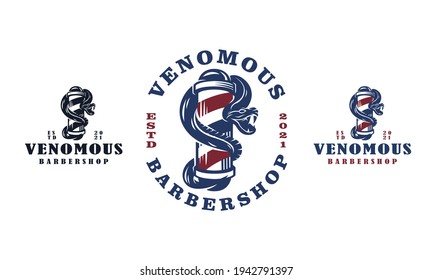 Venomous Barbershop Profesional and Premium Logo Design - Vector Illustration on white background - Creative vintage barber logo combination featuring a snake and barber shop symbol