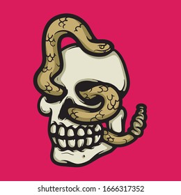Venomous rattlesnake come out from human skull. Cartoon illustration of a dangerous animal. Isolated vector
