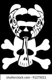 Venomous snake in the background of a skull and crossbones. Black and white illustration.