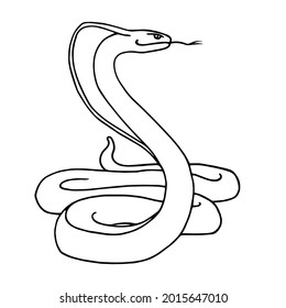 venomous snake, Indian king cobra in a stand, dangerous reptile, vector illustration with black contour lines isolated on a white background in a cartoon and hand drawn style