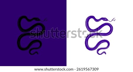 Venomous Snake on purple background. Halloween witchcraft and sorcery things magician and voodoo hand drawn engraved 