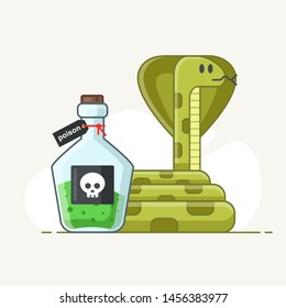 venomous snake on a white background. flask with green poison. extraction of fluid from reptiles. medical medicine. flat vector isolated illustration.