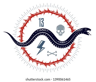 Venomous snake vintage tattoo, vector logo or emblem of aggressive predator reptile, deadly poisoned serpent symbol, vintage style illustration.