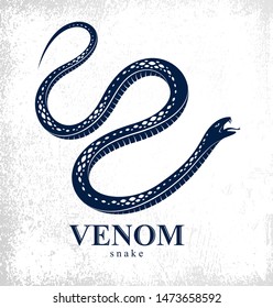Venomous snake vintage tattoo, vector logo or emblem of aggressive predator reptile, deadly poisoned serpent symbol, vintage style illustration.