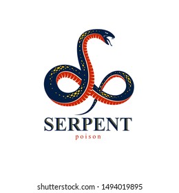 Tatuaje vintage venenoso de serpiente, logo vectorial o emblema de reptiles agresivos depredadores, símbolo serpiente mortal envenenado, ilustración de estilo vintage.