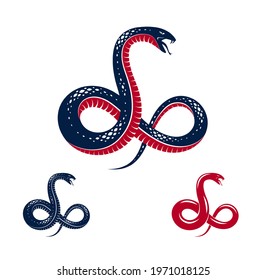 Venomous snake vintage tattoo, vector logo or emblem of aggressive predator reptile, deadly poisoned serpent symbol, vintage style illustration.