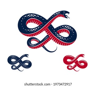 Venomous snake vintage tattoo, vector logo or emblem of aggressive predator reptile, deadly poisoned serpent symbol, vintage style illustration.