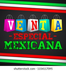 Venta Especial Mexicana, Mexican Sale spanish text, Vector Promotional Poster  with traditional mexican decoration