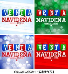 Venta Navidena, Christmas Sale Spanish text, shopping bags Vector Set Collection