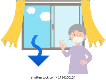 Ventilar abriendo una ventana y cortinas oscilar ilustraciones vectoriales - Acciones necesarias para prevenir COVID-19