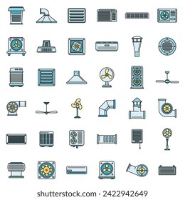 Iconos de condición de aire de ventilación establecidos. Conjunto de contorno de los iconos vectoriales de condición de aire de ventilación color de línea delgada plano sobre blanco