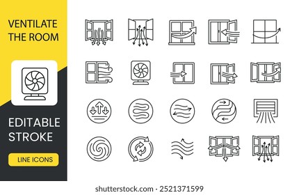 Ventilation and airing of the room using polyurethane foam, set of line icons vector with editable stroke.