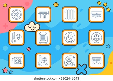 Ventilation climate set icon. Fan, air conditioner unit, radiator heater, wall system arrows, thermometer fan, portable heater, flame symbol, snowflake, cooling device, temperature scale