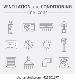 Ventilation and conditioning. Climate control. Thin line icon set. Vector illustration.