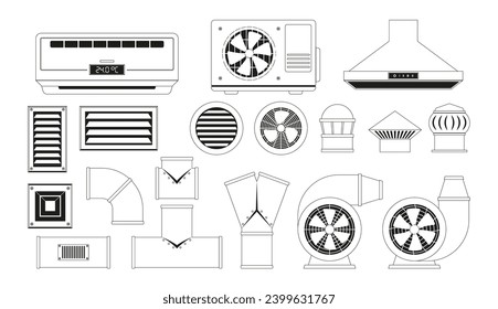 Ventilation Elements Outlined Icons Feature Fans, Ducts, And Vents, Symbolizing Air Circulation, Vector Set