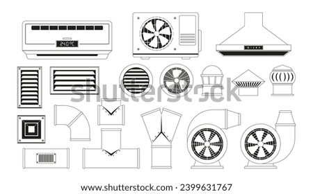 Ventilation Elements Outlined Icons Feature Fans, Ducts, And Vents, Symbolizing Air Circulation, Vector Set