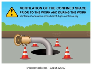 Ventilation equipment of the confined space work vector illustration. Safety rules and procedure for high risk work.