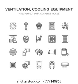 Iconos de línea plana del equipo de ventilación. Aire acondicionado, aparatos de refrigeración, ventilador de escape. Señales lineales delgadas para el almacén de ventilación doméstica e industrial. Pixel perfecto 64x64.