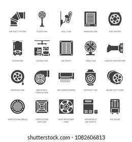 Ventilation equipment glyph icons. Air conditioning, cooling appliances, exhaust fan. Household and industrial ventilator signs for appliance store. Solid silhouette pixel perfect 64x64.