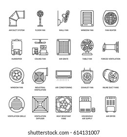 Ventilation equipment line icons. Air conditioning, cooling appliances, exhaust fan. Household and industrial ventilator thin linear signs for store.